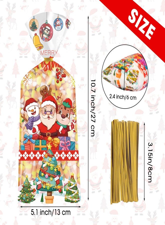Litmitfu 100 Pcs Merry Christmas Treat Bags - Clear Xmas Cellophane Gift Goodie Bags, Plastic Santa Claus Goody Candy Snack Bag with Twist Ties for Winter Christmas Themed Party Supplies Favors, 4 Styles - Image 3